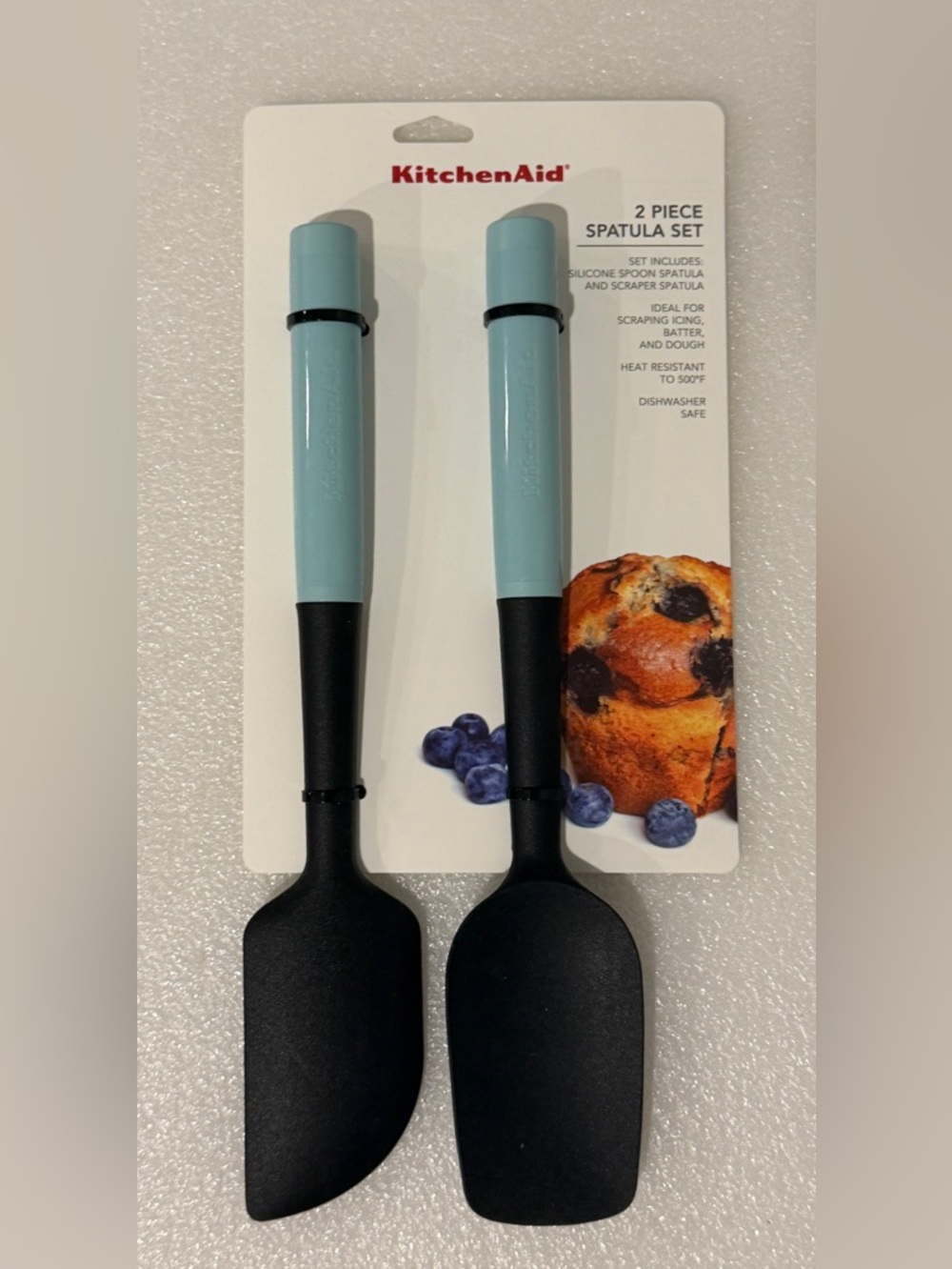 2 New KitchenAid Silicone Spoon & Scraper Spatulas Blue Heavy Luxury Spatula Set